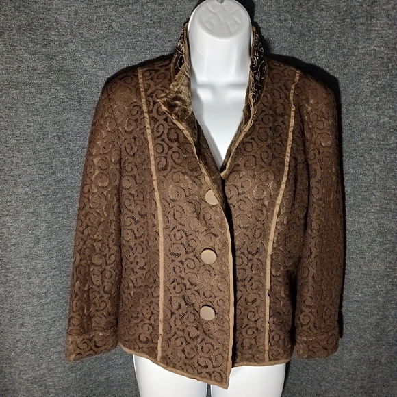 Women's Beautiful Chocolate Brown Lace & Embellished Fitted Button Down Jacket - Picture 1 of 14
